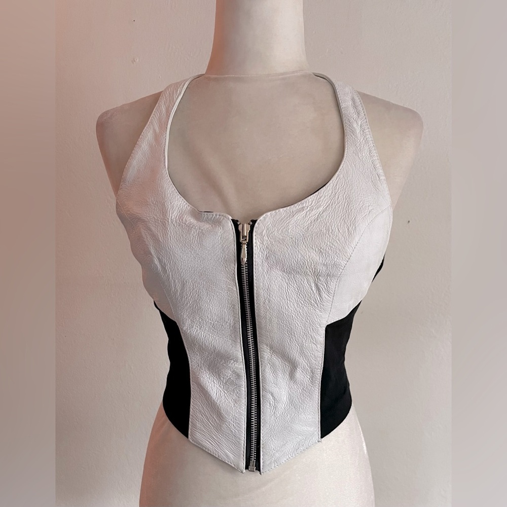 Women’s Two-Tone Halter Zip Front Top - White & Black - Picture 3 of 7